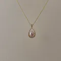 Macro view of water-drop gold pendant with pink freshwater pearl and fine zircons - Pink Hollow Waterdrop Pearl Necklace