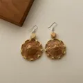 Detail of handmade woven straw hat earrings with wooden beads in bohemian style - Rattan Straw Hat (B354)