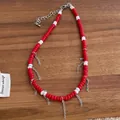 Bohemian kralenketting met rode en witte kralen en zilveren ketting franjes - Rode Kwastje / Rood