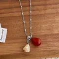 Minimalist silver necklace with red teardrop pendant and baroque pearl on wood - Reddish Brown Style (E100)