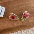 Handmade heart resin earrings with red dried flowers and gold foil on wooden background - Small / Transparent Red Flower (K-92)