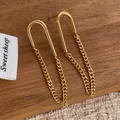 18k gold plated minimalist U-shape stud earrings with dangling curb chain fringe - U-shaped Chain Tassel (F80) / Gold