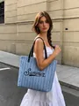 Large blue striped canvas tote bag with Summer print and black leather straps - 45*37*13cm / Light Blue and White Stripes Summer Print (Style 1)
