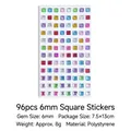 Colorful 6mm square crystal gem stickers for kids DIY crafts with 96 self-adhesive pieces - Colorful Square Rhinestone Style
