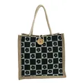 Borsa tote in tela a scacchi floreali con bottone in legno e manici in corda - Verde