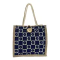 Borsa tote in tela a scacchi blu e bianca con motivo floreale e manici in corda - Blu