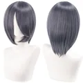 Detail view of a 30cm greyish-blue short bob cosplay wig on a white mannequin - Multicolor