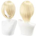 Detailed front and back views of a 30cm short blonde bob cosplay wig on a mannequin head - Off White
