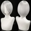 Detailed view of silver white short bob cosplay wig from front and back perspectives - Silver
