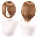 Professional front and back view of 30cm caramel brown short bob cosplay wig on mannequin - Tan
