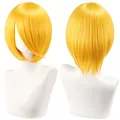 Front and back detail view of 30cm bright yellow cosplay bob wig on mannequin - Light gold
