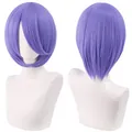Front and back view detail of vibrant short purple bob cosplay wig in 30cm length - Light Purple