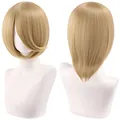 Front and back views of a 30cm short blonde cosplay bob wig on a mannequin head - Flaxen