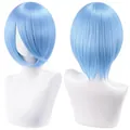 Detail view of a 30cm short light blue bob cosplay wig with face-framing style - Light Blue