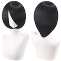 Detailed front and back views of a 30cm black short bob cosplay wig displayed on a mannequin - Black