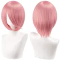 Professional front and back views of a 30cm short pink bob wig for cosplay styling - Smoky Pink
