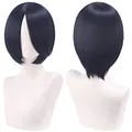 Detailed view of the 30cm dark navy blue bob cosplay wig with a smooth fiber finish - Black and Blue