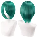 Vista dettagliata del fronte e del retro di una parrucca cosplay bob verde da 30 cm. - verde scuro