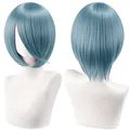 Detailed view of a light blue 30cm cosplay short bobo wig showing front and back styles. - Grey Blue