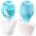 Detail view of light blue short bob cosplay wig showing front and back angles - Aqua