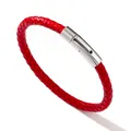 Bracelet pour homme en cuir tressé rouge avec un fermoir magnétique poli en acier argenté - Rouge