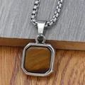 Detail of square stainless steel pendant featuring a brown tiger eye stone and thick chain - Silver Tiger Eye Style With Silver Chain