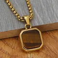 Golden stainless steel square pendant necklace featuring natural tiger eye stone inlay - Gold Tiger Eye Style With Gold Chain