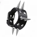 Gothic punk black leather bracelet featuring long silver spiked studs and buckle - Wide Spiked Rivet Style (02) / Black