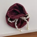 Striped burgundy fabric hair scrunchie with gradient artificial white pearls accessory - Bow Brooch / Red