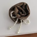 Vintage brown striped fabric rose brooch with elegant pearl tassel drop pendant - Bow Brooch / Brown