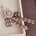 Vintage light brown tweed rose bow tie brooch with checkered ribbons for women - Camellia Bow Brooch (I-50)