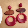 Retro resin and wood drop earrings featuring red beads and hollow round rings - Red (D-112)