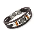 Bracelet multi-rangs en cuir marron rétro avec pendentif croix et perles en bois - Marron
