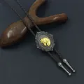 Vintage western bolo tie with gold horse relief and brown braided leather cord - Brown Rope Gold Horse