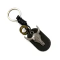 Retro punk lederen sleutelhanger met vintage stier schedel hanger en metalen ringen - Zwart