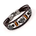 Handmade multilayer brown leather bracelet with vintage silver dollar sign charm - Brown