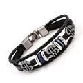 Retro multi-layer braided leather bracelet featuring silver dollar sign alloy charms - Black