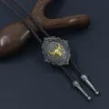 Western Bolo Tie featuring golden bull head relief and vintage silver floral frame - Brown Rope Gold Bull