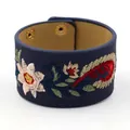Ethnic wide PU leather bracelet with colorful paisley floral embroidery and snap buttons - Blue