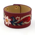 Vintage burgundy PU leather wide bracelet with colorful floral paisley embroidery - Red