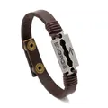 Pulsera vintage de cuero trenzado marrón con placa de metal grabado para hombres - Marrón