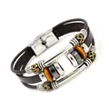 Bracciale multistrato in pelle da donna con pietra occhio di gatto bianca e perline - Marrone