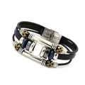 Bracciale multistrato in pelle con pietra occhio di gatto bianca e chiusura in acciaio inox - Nero