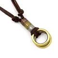 Vintage leather cord necklace with double rings and bronze alloy charms in retro style - Antique Bronze Brushed