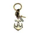 Portachiavi vintage in bronzo con ancora, croce e dettagli in pelle intrecciata marrone - Ancora Bronzo Spazzolato