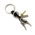 Vintage punk eagle claw keychain with leather strap, metal cross, and engraved plate on white - Antique Silver