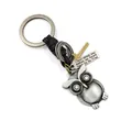 Vintage silver owl keychain with black braided leather strap and engraved metal plate - Owl Cross Style / Antique Silver