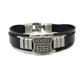 Heren vintage Route 66 meerlaagse zwarte leren armband met metalen schildbedeltje - Zwart