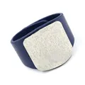 Deep blue lychee leather wide cuff bracelet with etched silver metal rectangle plate - Navy Blue