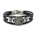 Braided leather multi-layer bracelet with vintage eagle crest and star metal charms - Black